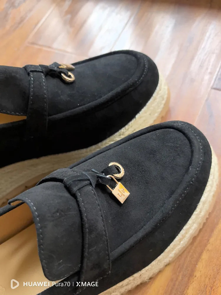 MKKHOU Fashion Loafers New High Quality Real Leather Suede Vintage Straw Braid Platform Shoes Daily Casual Light Shoes Neutral