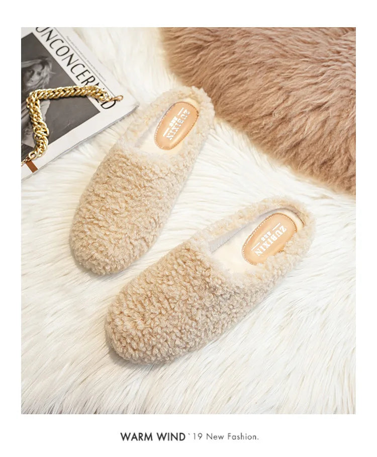 Big Size 43 Women Lambswool Slippers Winter Sheep Fur Shoes Ladies Flat Cotton Slides Home Pantuflas Daily Slip On Furry Mules