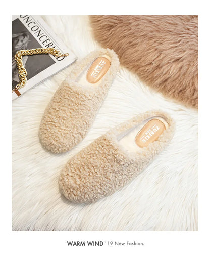 Big Size 43 Women Lambswool Slippers Winter Sheep Fur Shoes Ladies Flat Cotton Slides Home Pantuflas Daily Slip On Furry Mules