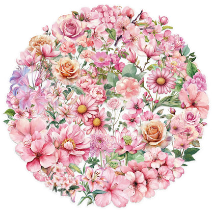 50pcs Pink Floral Stickers Flower Natural Journaling Notebook Water Bottle Decorative Decals Aesthetic Waterproof PET Sticker