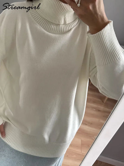 Winter Pink Turtleneck Sweaters Women Oversized Autumn Warm Women's Jumper Loose Basic White Turtleneck For Women Pullovers
