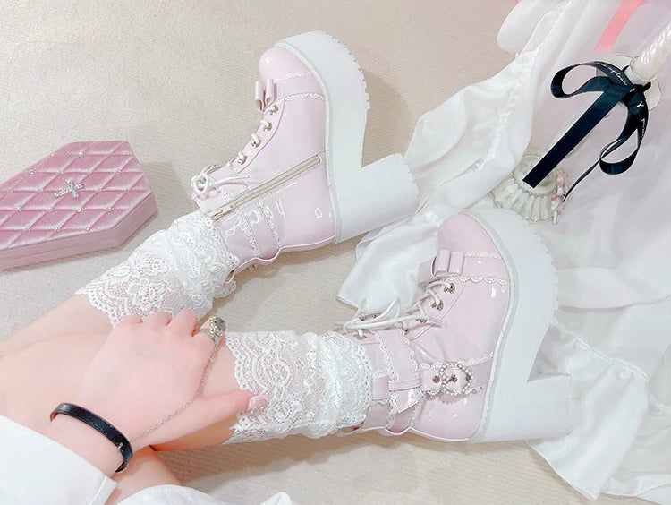 Japanese Mine Lolita Short Boots for Women Mass Production Love Rhinestone Buckle Bow Round Head Platform Boots Sweet Shoes