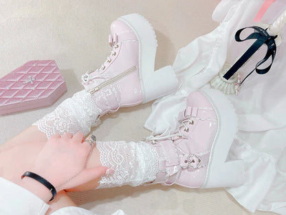 Japanese Mine Lolita Short Boots for Women Mass Production Love Rhinestone Buckle Bow Round Head Platform Boots Sweet Shoes