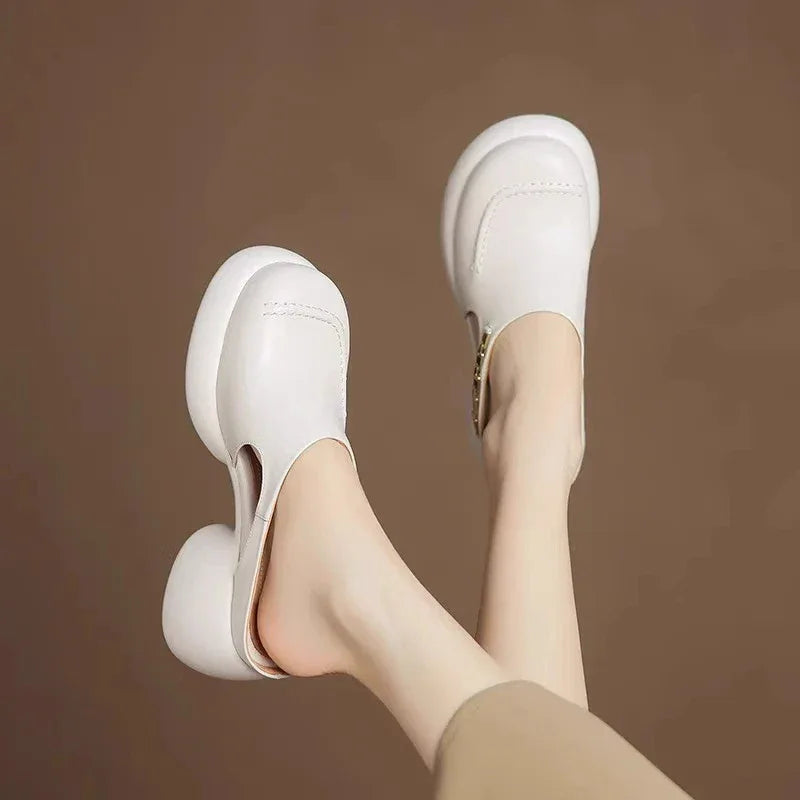 New Half-bang-head Slippers for Women 2025 Genuine Leather Platform Wedge-shaped Sneakers Pump Summer Fashion Women Casual Shoes