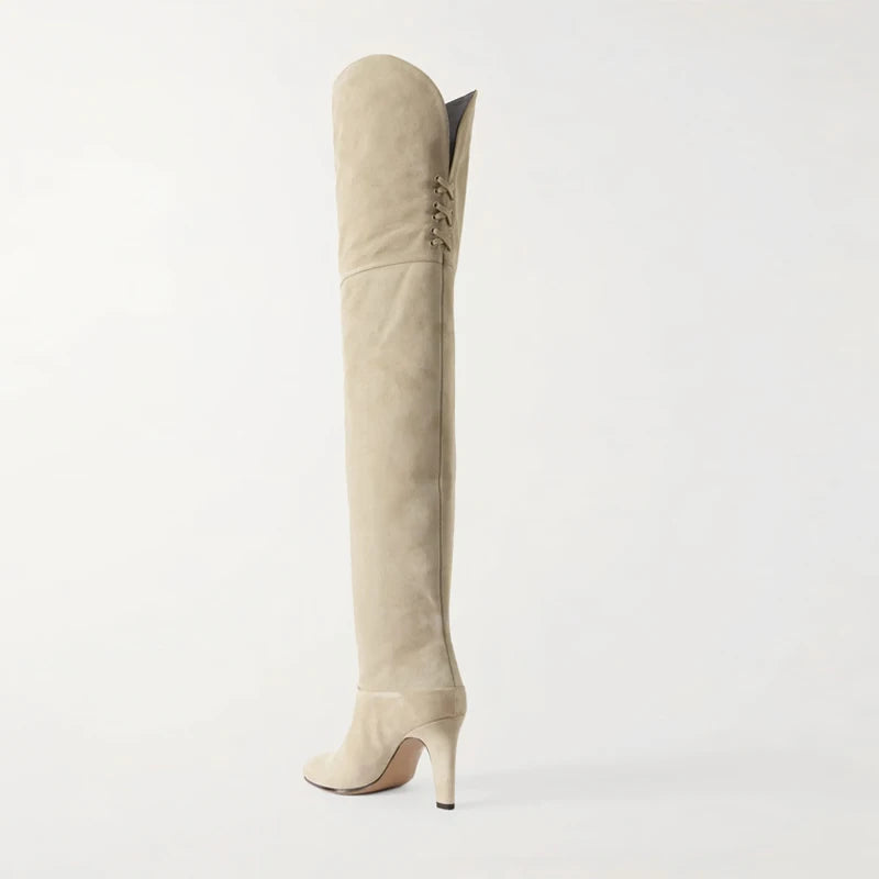 Autumn and Winter Women's Thick High-heeled Knee High Boots, Round Headed Cowhide Suede Fashionable Women's Plus Size Boots
