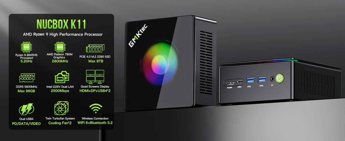 GMKtec Mini PC K11 K8 PLUS M7 AMD Ryzen R9 8945HS R7 8845HS 6850H Windows 11 WiFi6 2*DDR5 USB4.0 2.5G LAN OCulink Gamer Computer