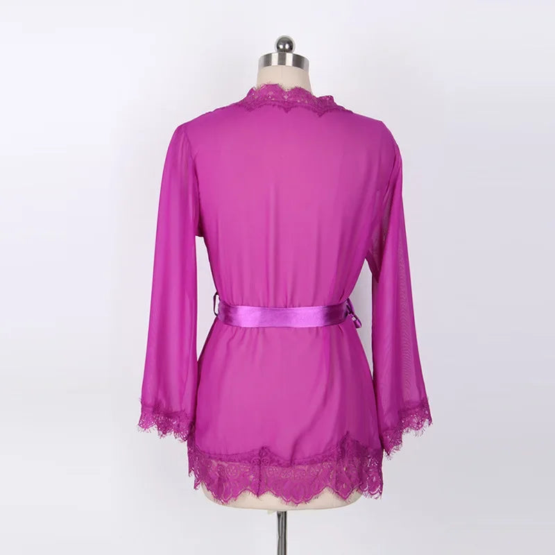 Women's Sheer Lace Kimono Robe, Long Sleeve V-Neck Belted Soft Bridal Wedding Lingerie Nightwear Multi-color
