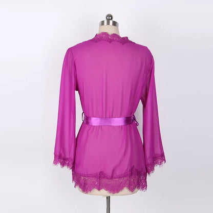 Women's Sheer Lace Kimono Robe, Long Sleeve V-Neck Belted Soft Bridal Wedding Lingerie Nightwear Multi-color