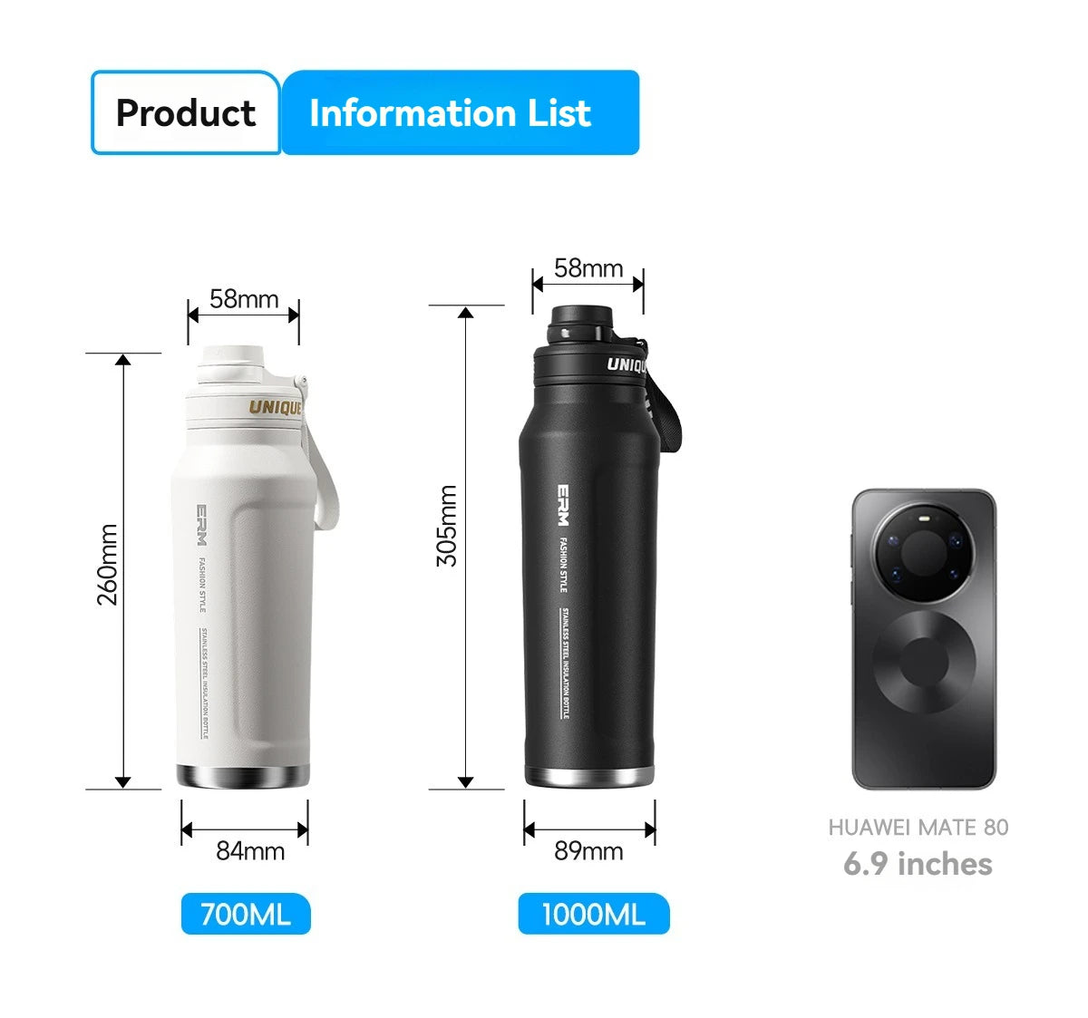 Large Capacity Waterbottle  Insulated Flasks Stainless Steel Tumble Cycling Sports Portable Water Bottle for Men