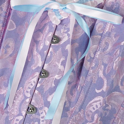 A lake blue dress with a flower patterned corset and a cinched waist for slimming ladies