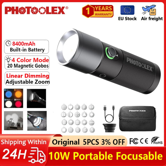 PHOTOOLEX 10W RGB LED Photography Flashlight 8400mAh 4 Color Fill Ambient Light w 20 Patterned Light Filters Video Light