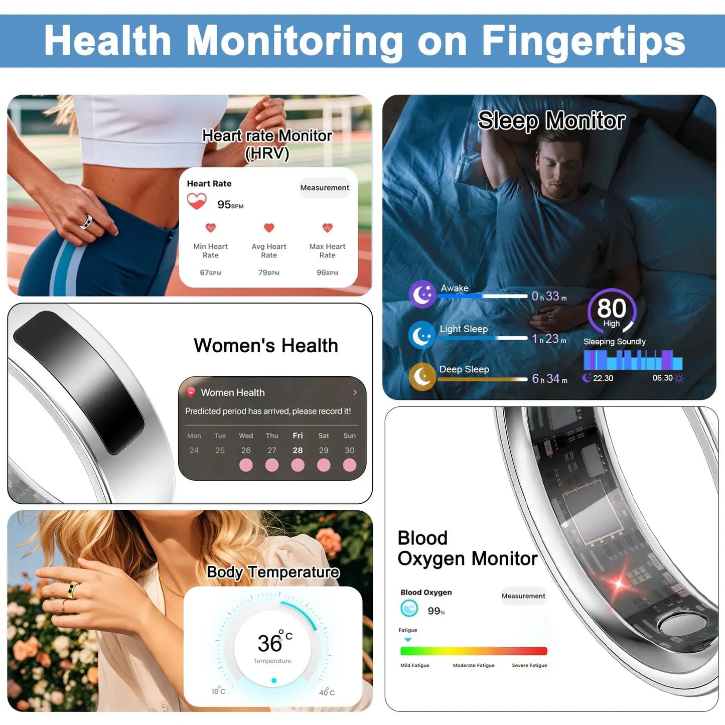 2026 Health Monitoring Smart Ring, Continuous Heart Rate Blood Oxygen Sleep Tracker, Silent Vibration Notification Smart Ring