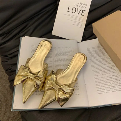 New Bowtie Mule Shoes Women Fashion Pointed Toe Stripe Wave Slip-on Sandals Ladies Luxury Satin Silk Outdoor Flat Slippers