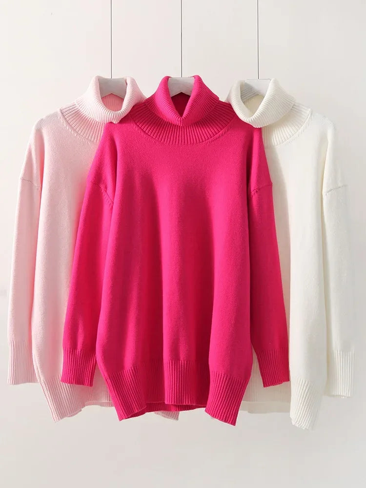 Winter Pink Turtleneck Sweaters Women Oversized Autumn Warm Women's Jumper Loose Basic White Turtleneck For Women Pullovers