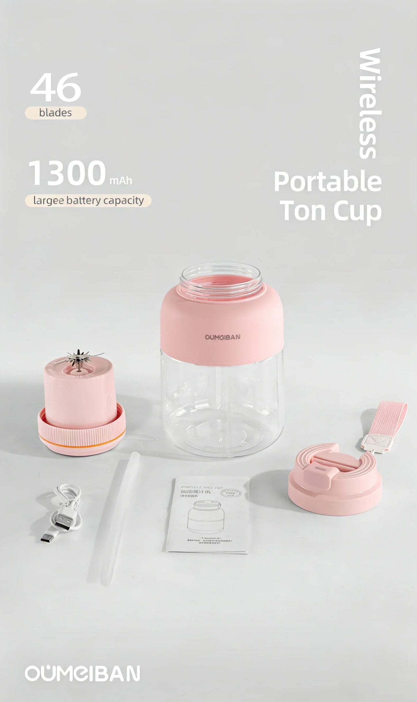 High Aesthetic 1300ml Large Capacity USB Rechargeable Portable Blender Juicer, Kitchen Fruit Juicer, Food Prep