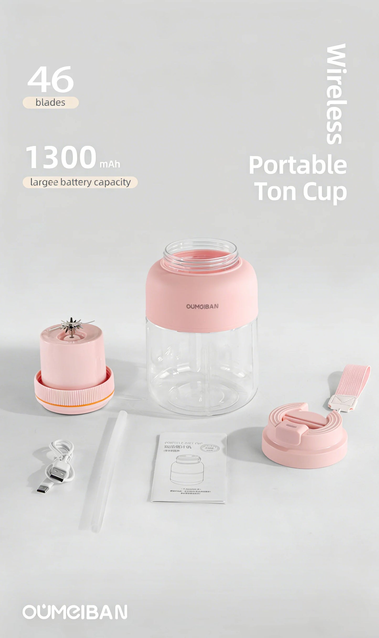 High Aesthetic 1300ml Large Capacity USB Rechargeable Portable Blender Juicer, Kitchen Fruit Juicer, Food Prep