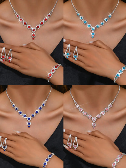 4PCS Fashion Elegant Crystal Jewelry Sets for Women Rhinestones Necklace Ring Earrings Bridal Wedding Party Jewelry Sets
