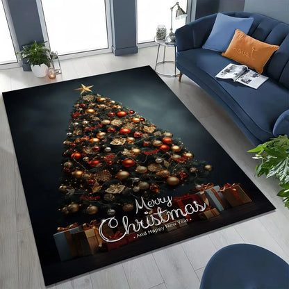 Happy New Year Merry Christmas Tree Santa Claus Cartoon Gift Carpet Rug for Bedroom Living Room Sofa Home Doormat Decor,Non-slip