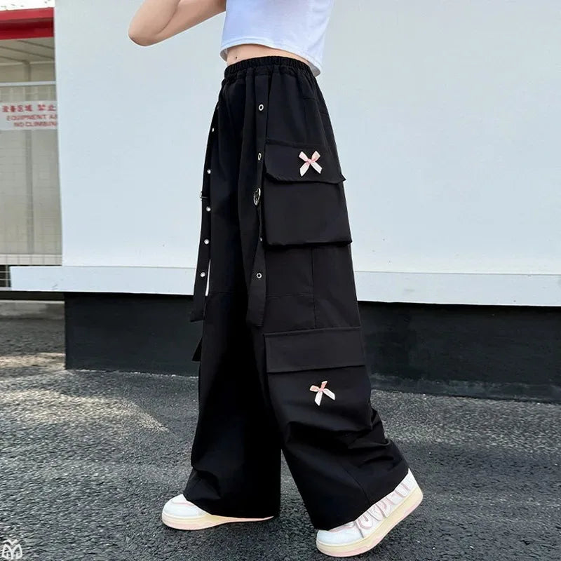Kids Cargo Pants with Side Pocket for Tweens Girl High Fashion Hip Hop Bow Trousers Child Street  Pink Black Trackpants Hot Sell