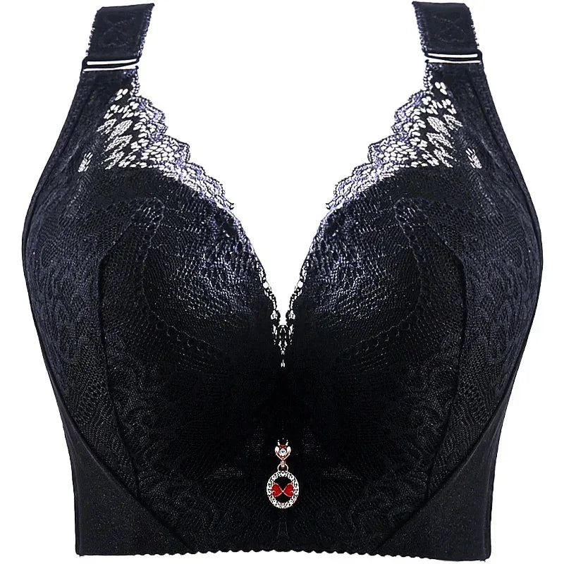 Plus Size Push Up Bra Sexy Lace Underwire - Full Coverage Lingerie for Curvy Women, Wide Side Wings & Thin Cup Support Big Bust