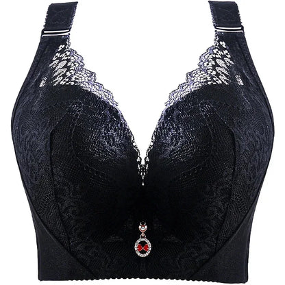 Plus Size Push Up Bra Sexy Lace Underwire - Full Coverage Lingerie for Curvy Women, Wide Side Wings & Thin Cup Support Big Bust