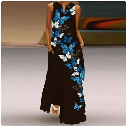 Sleeveless Feather Printed Dress Bohemian Vest Dresses Trendy Beach Casual Loose Robe Colorful Summer