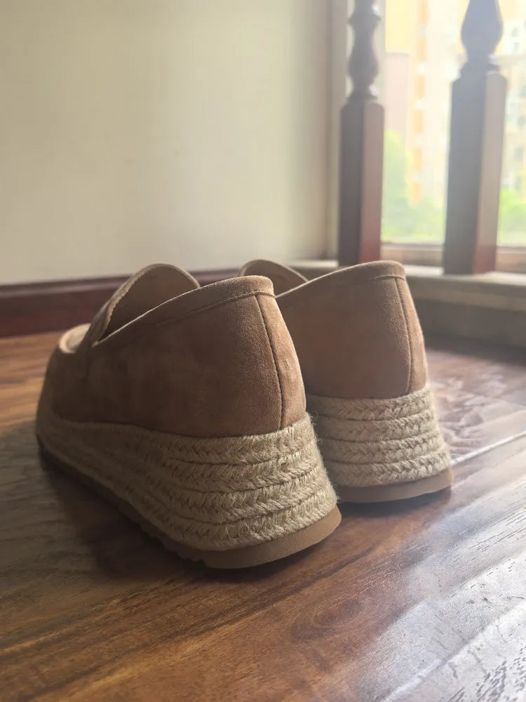 MKKHOU Fashion Loafers New High Quality Real Leather Suede Vintage Straw Braid Platform Shoes Daily Casual Light Shoes Neutral