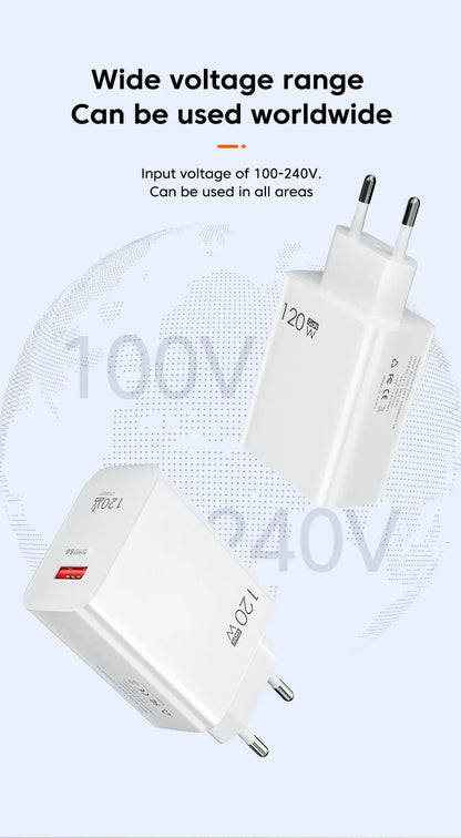 USB GaN 120W Charger Quick Charge 3.0 EU/US Plug Phone Charger Adapter Type C Wire For iPhone Samsung Xiaomi Huawei Fast Charger