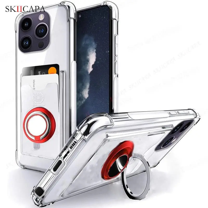 Ring Holder Wallet Card Slot Phone Case for Xiaomi 14T 14 Pro Airbag Shockproof Soft Silicone Transparent Cover for Redmi 14C 4G