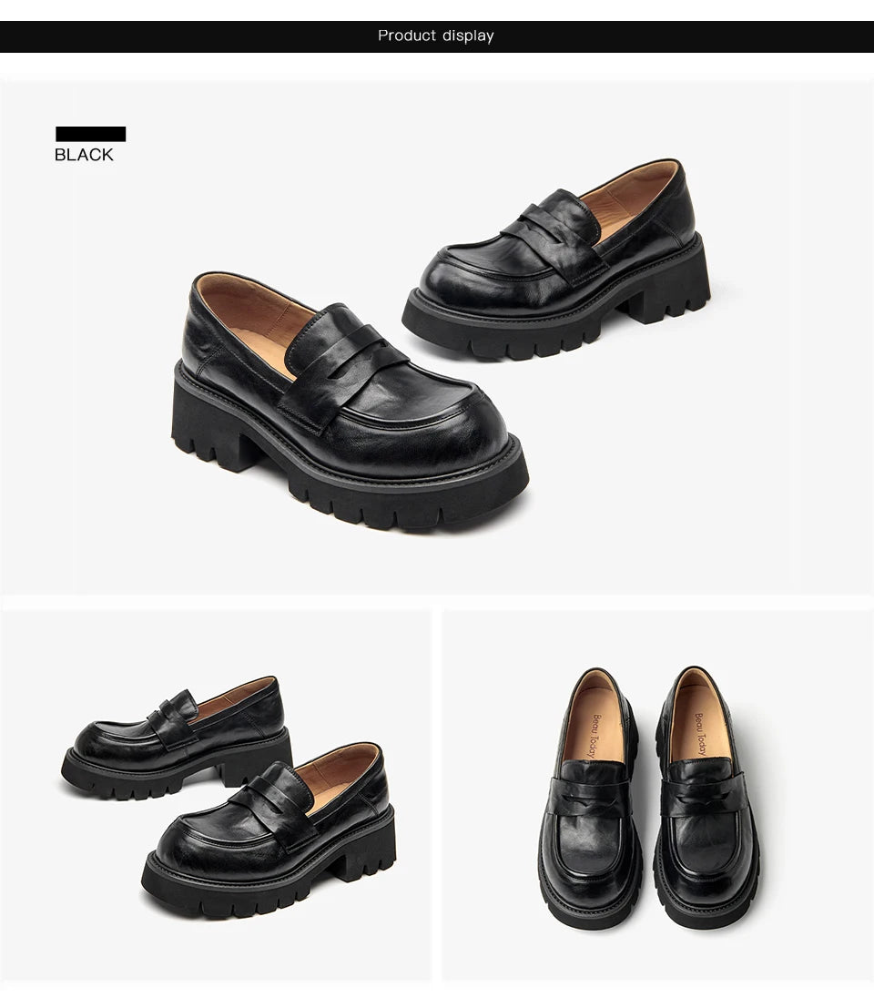 BEAUTODAY Platform Loafers Women Embossing Cow Leather Dress Shoes  Ladies Slip-on Flats Spring Autumn Handmade 26635