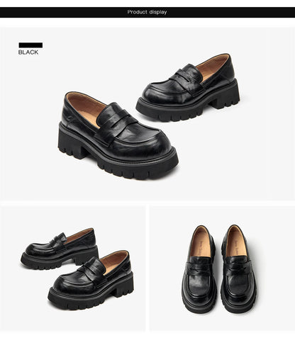 BEAUTODAY Platform Loafers Women Embossing Cow Leather Dress Shoes  Ladies Slip-on Flats Spring Autumn Handmade 26635