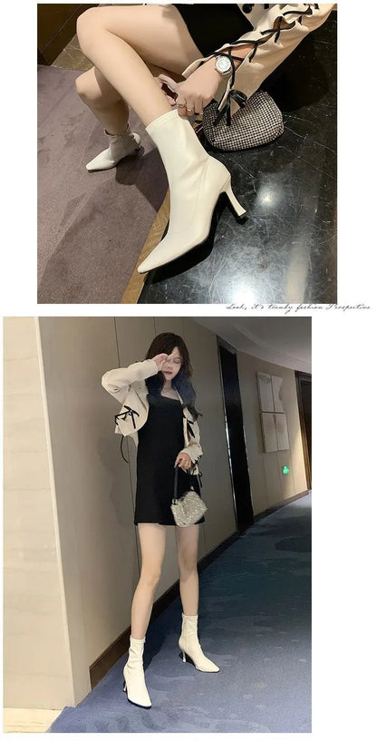 Women High Heel Short Leather Boots  New Boots Female Pointed Thin Heel Boots Ladies Ankle Short Boots Botas De Mujer 2024