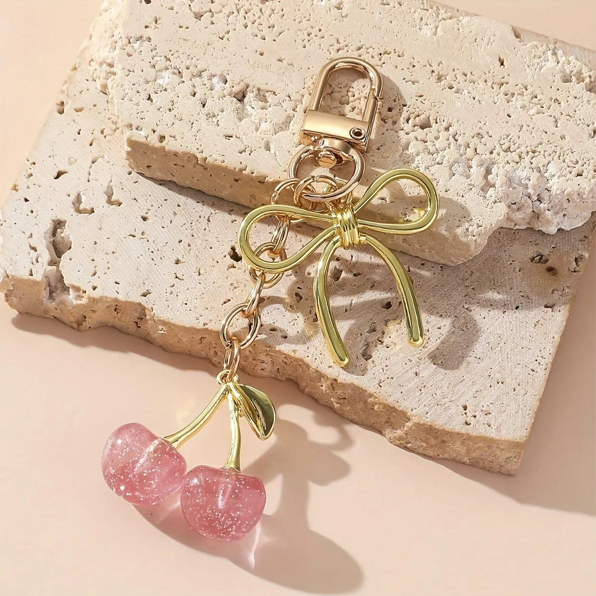 1pc Unisex Red Cherry Shaped Keychain With Fashionable Bow Pendant, Luxury Handbag Key Ring Accessory For Mother's Day Eid al Ad