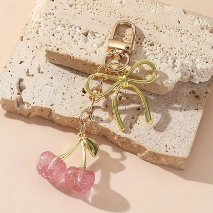 1pc Unisex Red Cherry Shaped Keychain With Fashionable Bow Pendant, Luxury Handbag Key Ring Accessory For Mother's Day Eid al Ad