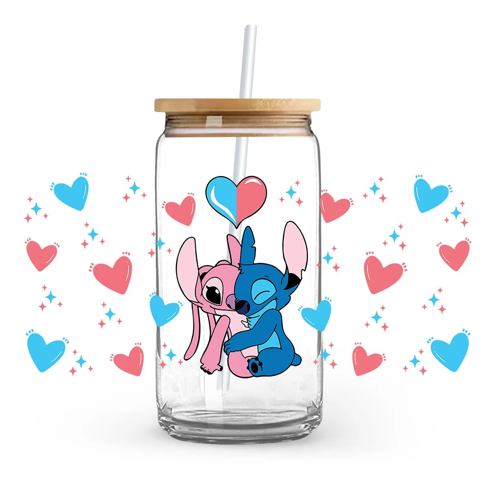 Valentine's Day cartoon Mickey Minnie Stitch Love 16oz Glass Cup UV DTF Transfer Film High-Quality Wraps Transfer Decals