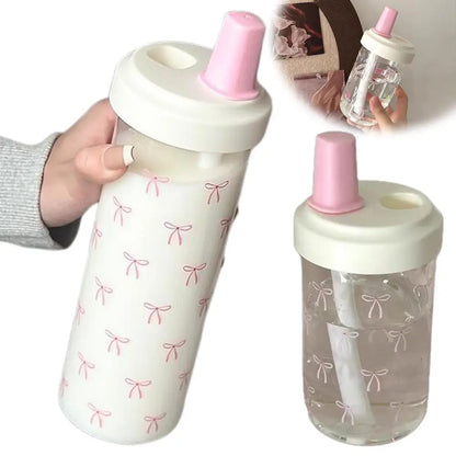 Cute Pink Bow Straw Water Bottle Fashionable Travel Safe Odorless Large-capacity Portable Water Bottle For Travel