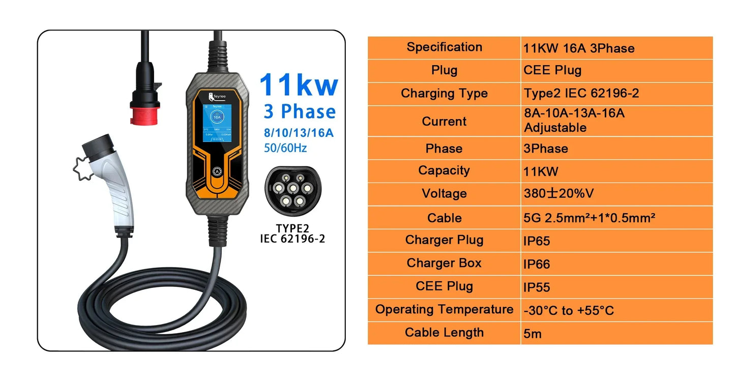 feyree 32A 7KW Type2 EV Portable Charger 3.5KW 16A 1Phase EVSE Charging Box 11KW 16A 3Phase Car Charger for Electric Vehicle