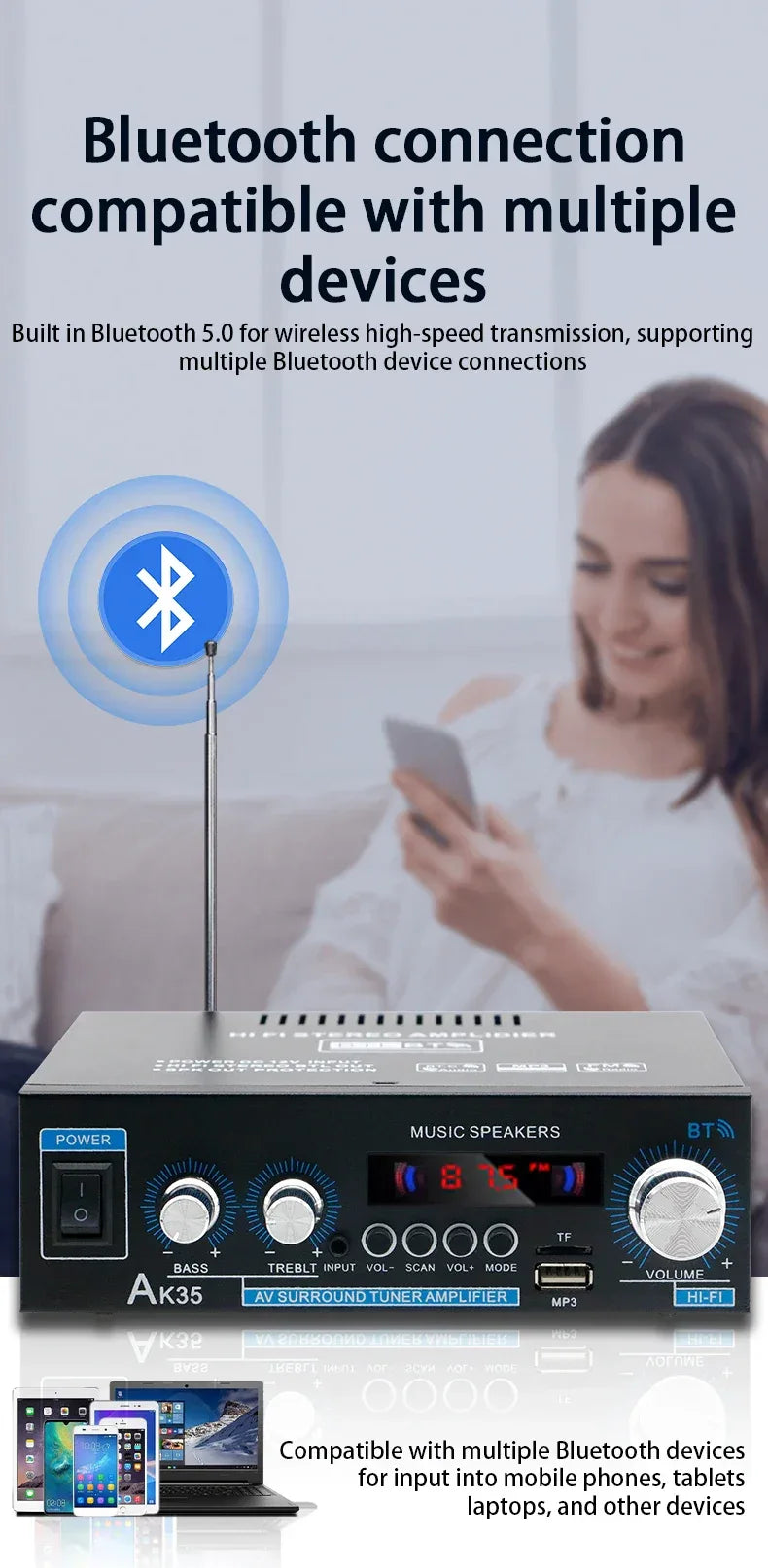 Home High-power Bluetooth Power Amplifier 2.0 Channel Constant Resistance Mini Power Amplifier Small Car Power Amplifier Multy