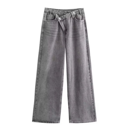 HH Women Trendy Cross Waist Wide Leg Jeans Asymmetrical Button Fly High Waist Baggy Denim Pants For Streetwear Y2K Outfits