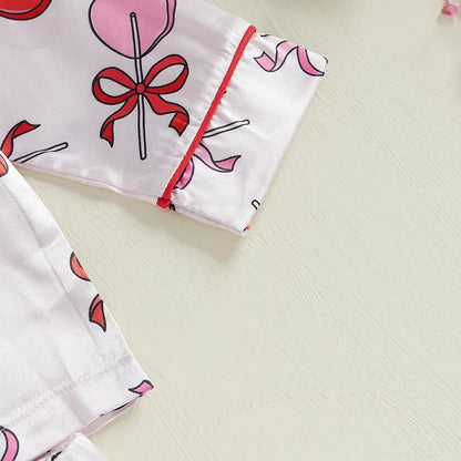 Kids Girls Valentine's Day Printed Pajamas Set Sweet Heart Print Long Sleeve Tops and Elastic Band Pants 2Piece Child Loungewear