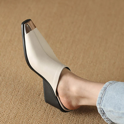 2025 New Ladies Genuine Leather Metal Head Mules Fashion Med Chunky Heels Summer Wedges Slippers Women Casual Office Shoes Woman