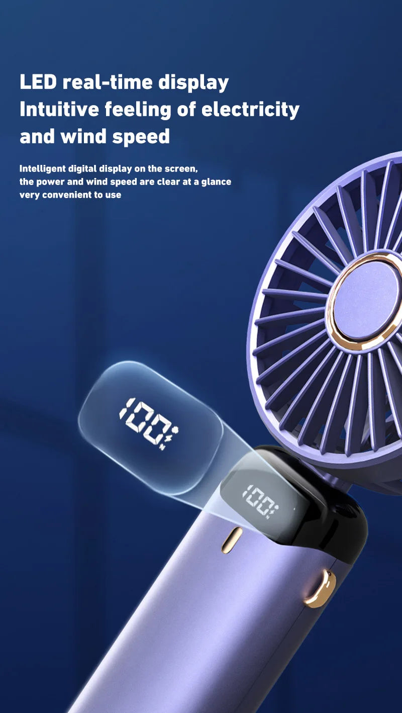 2026 New Handheld Mini Fan Foldable Neck Hanging Fans 5 Speed USB Rechargeable Fan with Phone Stand and Display Screen 1800mAh