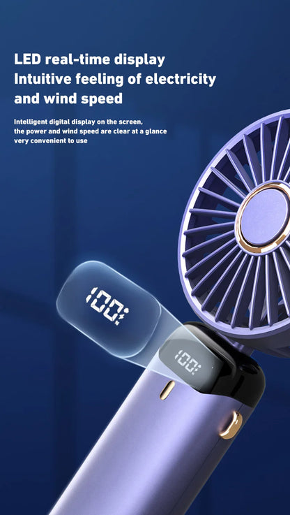 2026 New Handheld Mini Fan Foldable Neck Hanging Fans 5 Speed USB Rechargeable Fan with Phone Stand and Display Screen 1800mAh