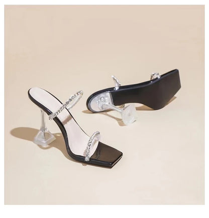 High Heels Crystal Women Slippers Fashion Open Toe Sandals 2023 Summer New Party Transparent Pumps Stilettos Dress Slides Lady