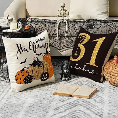 Linen Square Pillow Cover Pumpkin Cat Happy Halloween Trick Or Treat Autumn Decorative Sofa Cushion Cover Living Room