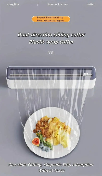 Large Size Plastic Wrap Dispenser with Cutter, Dual Slide Cutting Multifunctional Foil & Parchment Paper Cutter, Reusable Kitchen Film Sealing Machine, Compatible with Plastic Wrap, Aluminum Foil, Baking Paper & Wax Paper, Du
