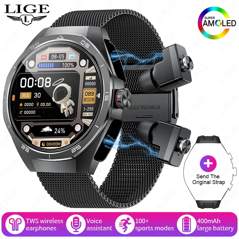 LIGE 2 In 1 Smart Watch With Earbuds NFC Smartwatch TWS Bluetooth Earphone Heart Rate Blood Pressure Monitor Sport Fitness Watch