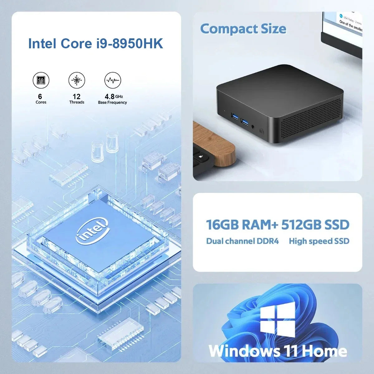 Mini Gaming PC Desktop Windows 11 Pro Intel Core I9 8950HK Mini PC 16GB DDR4 1TB SSD PC Gamer Computer Dual WIFI 6 BT5.2 4K HD