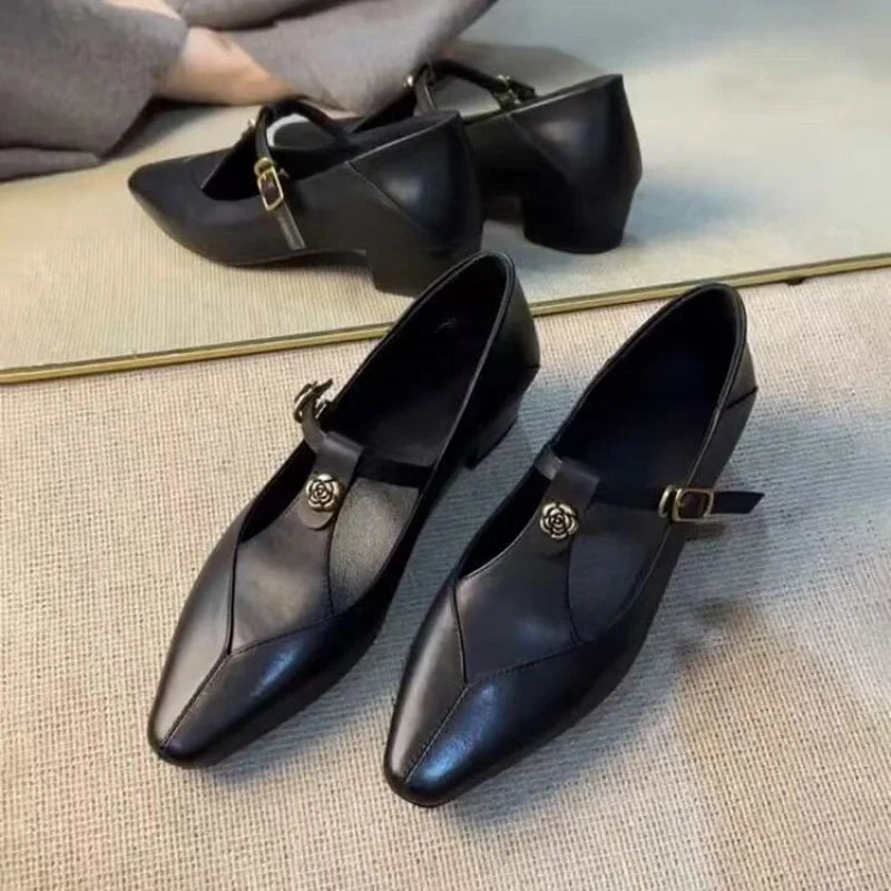 Ladies Black Leather Mary Jane Flats with Metal Rose T-Strap Slip On Casual Ballet Shoes Women's Comfortable Flats