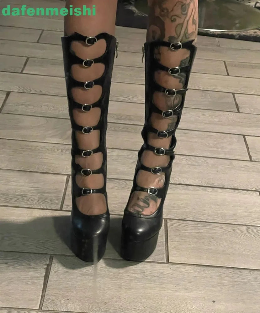 2026 New Women Pole Dance Shoes Hollow Mid-Calf Boots Platform Zipper Square Heel Buckle Strap Fashion Round Toe Sexy Boots